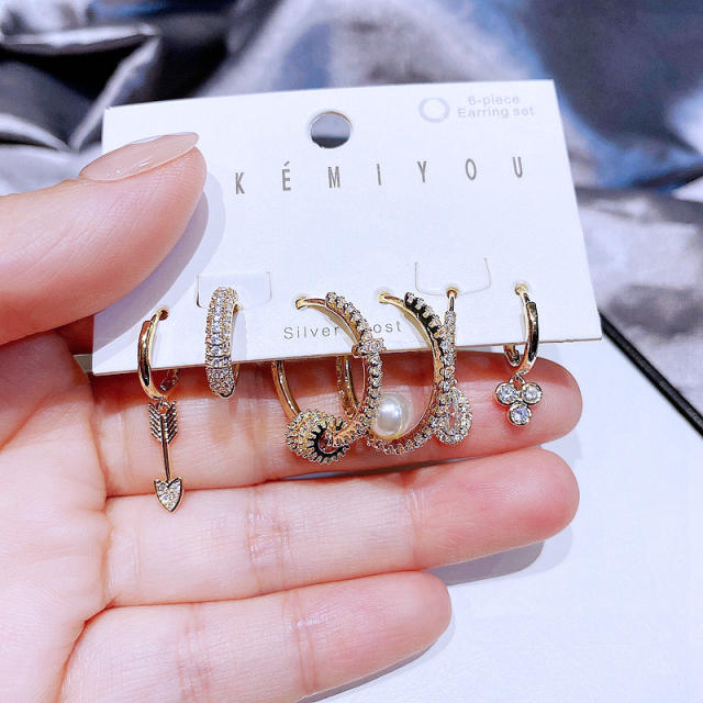 6pcs pave setting rhinestone huggie earrings set