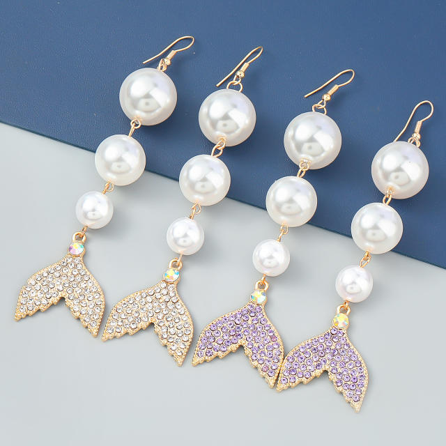 Rhinestone tail faux pearl long earrings