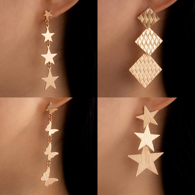 Geometric star butterfly long earrings