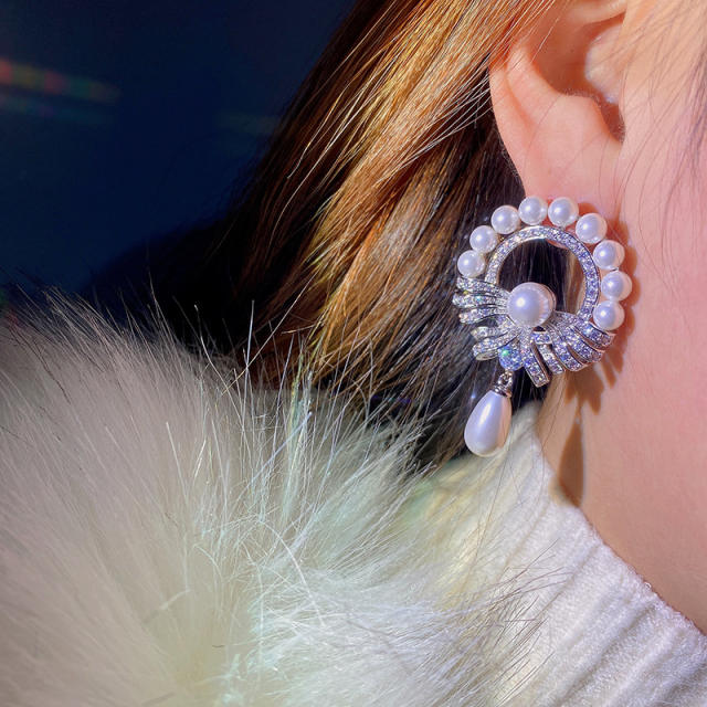 Luxury pave setting cubic zircon drop pearl earrings