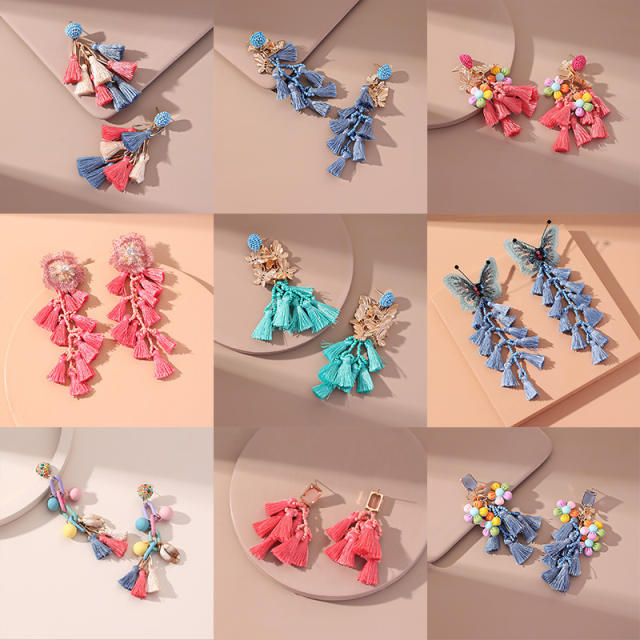 Boho colorful rope tassel butterfly flower dangle earrings