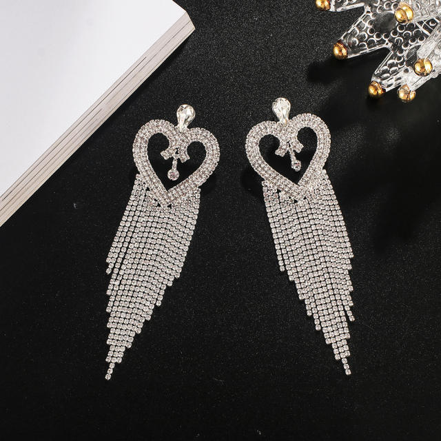 Color rhinestont pave setting long tassel heart earrings