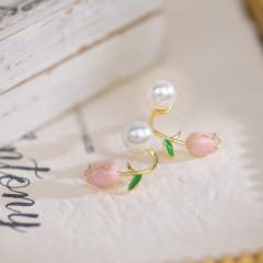 Korean fashion pink tulip pearl ear studs