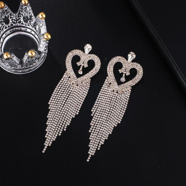 Color rhinestont pave setting long tassel heart earrings