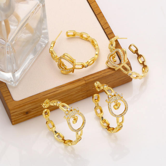Personality diamond crown chain hoop earrings