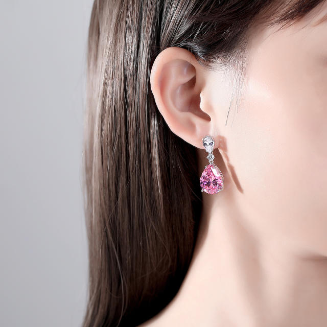 S925 Sterling silver pink crystal drop earrings
