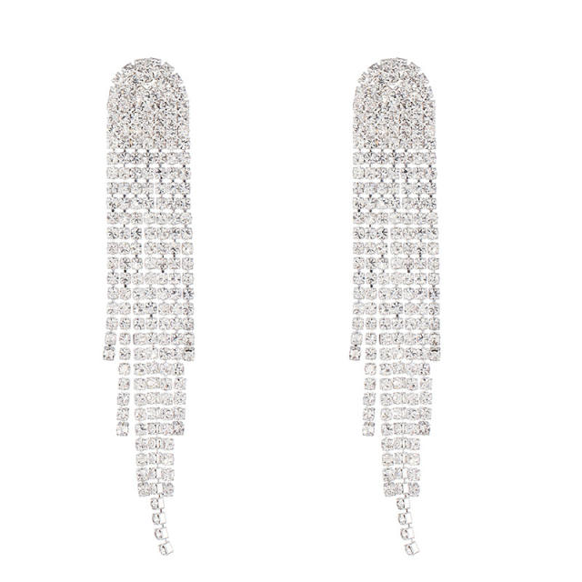 Delicate pave setting rhinestone long tassel earrings