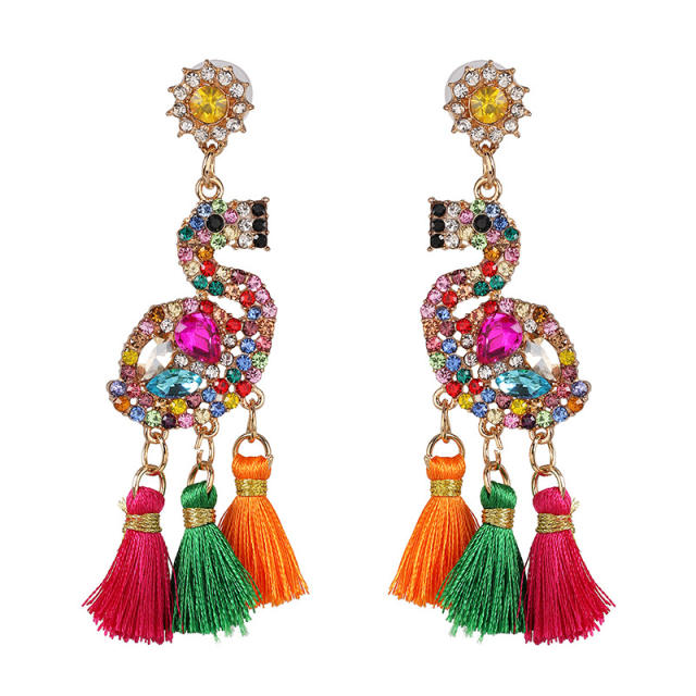 Creative Flamingo rhinestone statement tassel earrings