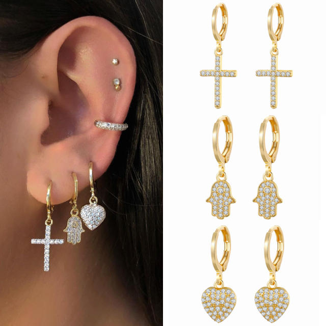 Rhinestone heart fatima hand cross huggie earrings