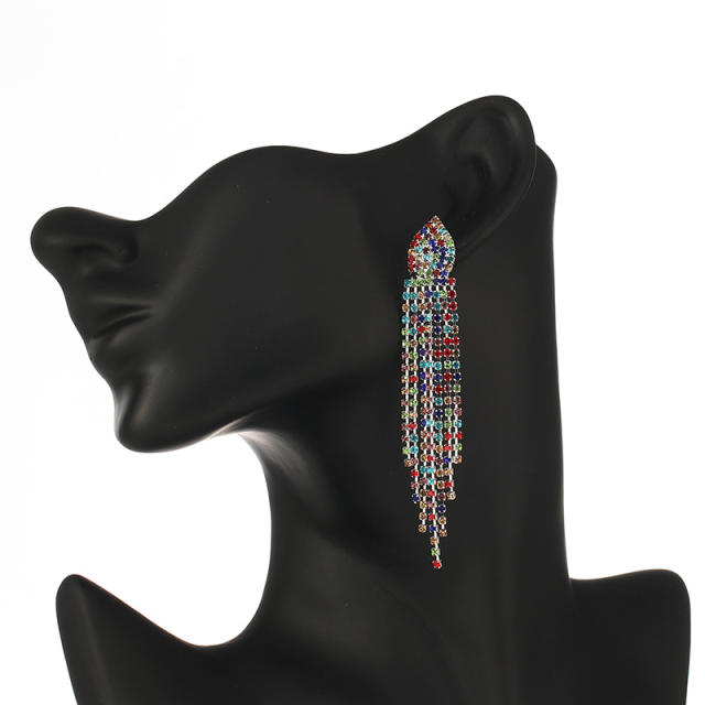 Color rhinestone long tassel earrings