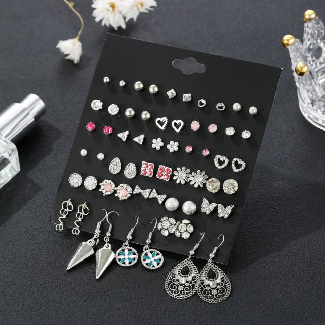 pearl and flower multi element ear studs set