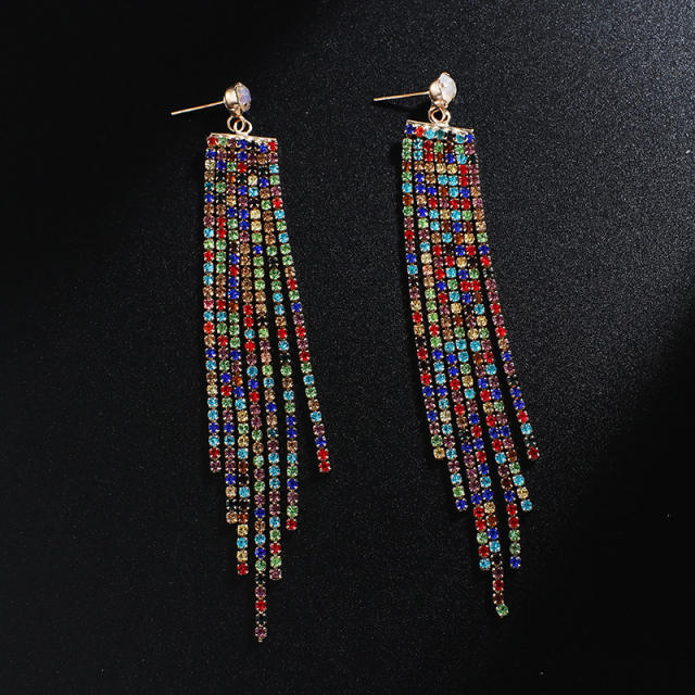 Pave setting rhinestone long tassel earrings