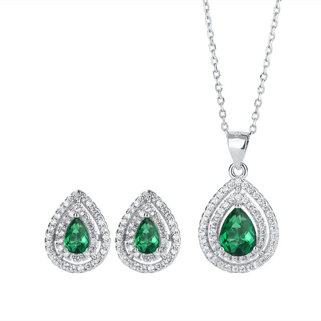 S925 sterling silver emerald drop pendant ear studs