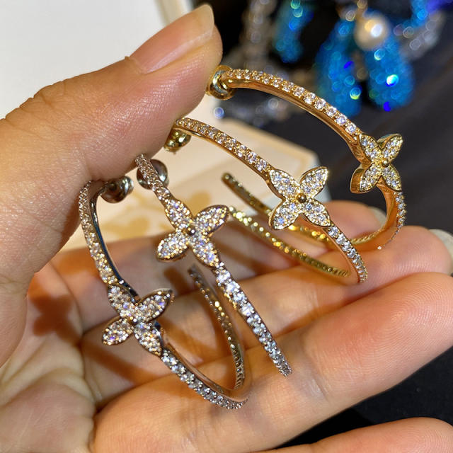 Classic diamond clover open hoop earrings