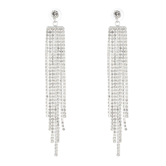 Pave setting rhinestone long tassel earrings