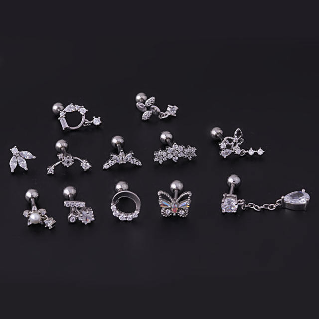 Stainless steel needle cubic zircon flower butterfly helix ear studs