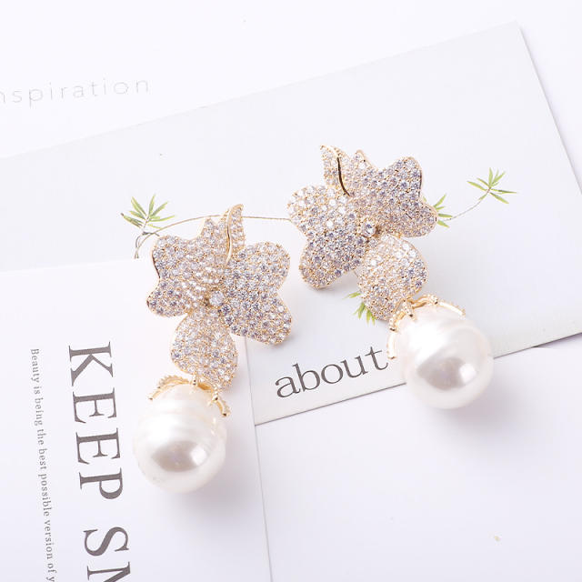 Pave setting color cubic zircon flower pearl earrings