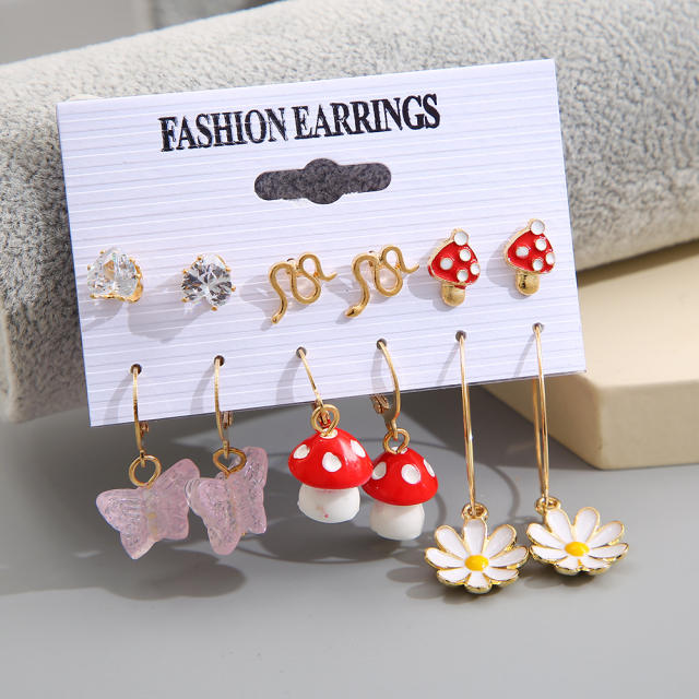 Cute mushroom flower snake earrings set