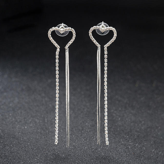 Elegant rhinestone heart long earrings