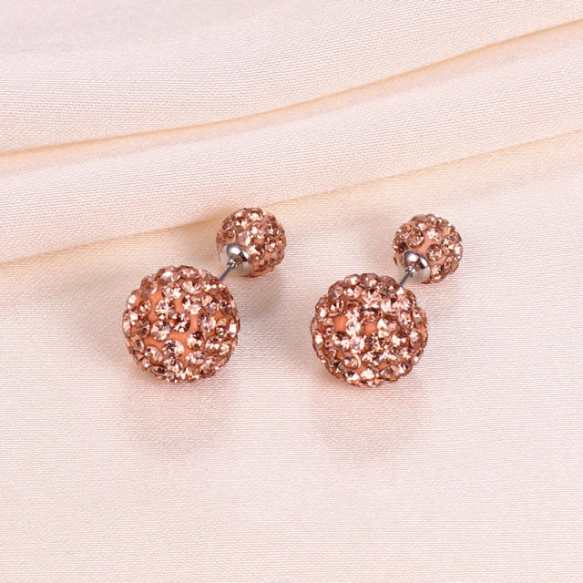 S925 sterling silver color rhinestong ball two side ear studs
