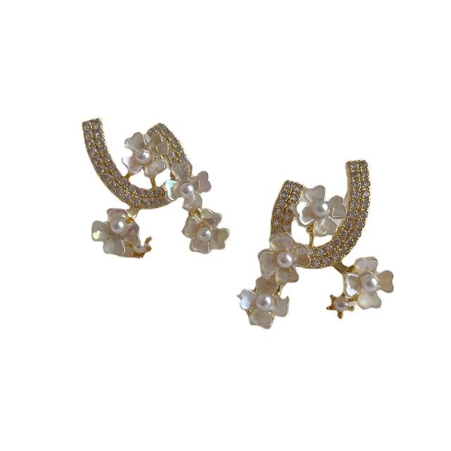 925 needle faux shell flower rhinestong women ear studs