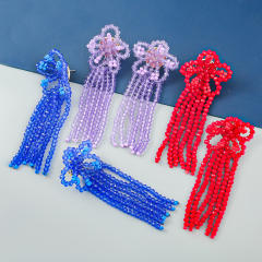 Boho colored beaded tassel handmade flower earrings