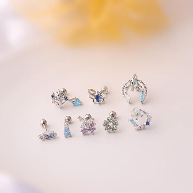 Colorful cubic zircon stainless steel needle helix ear studs