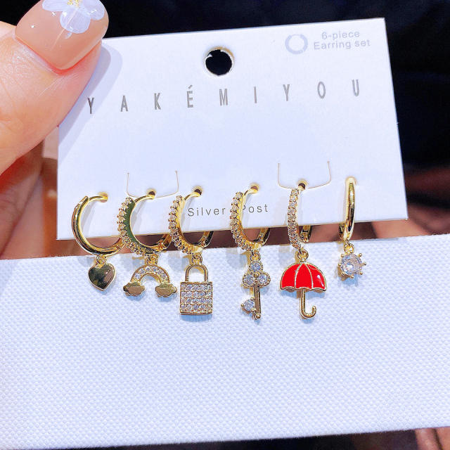 6pcs cute umbrella rainbow charm huggie earings set