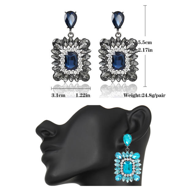 Luxury color glass crystal square dangle earrings