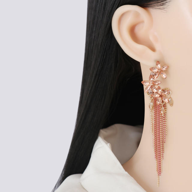 Pink flower chain tassel dangle earrings