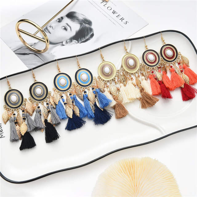 Boho gold color leaf color rope tassel long earrings