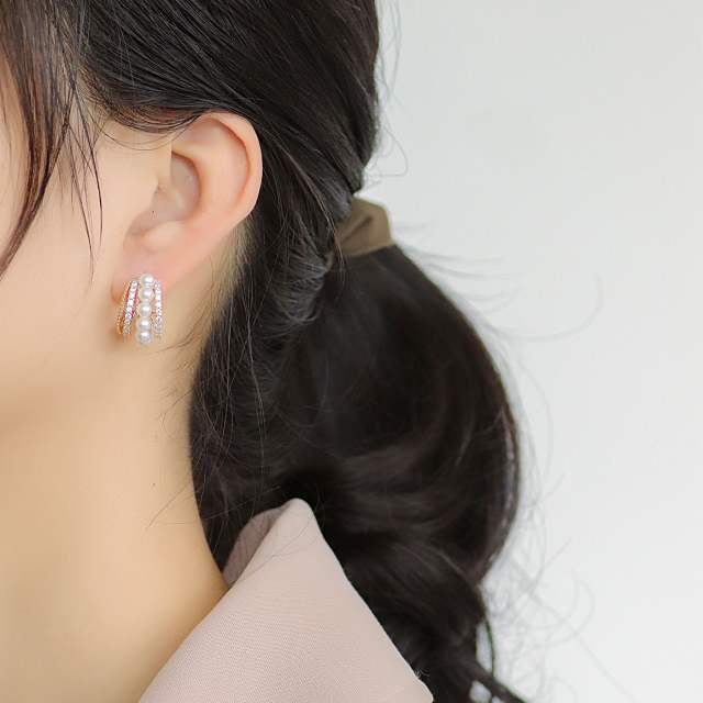 Elegant 925 sterling silver needle open hoop pearl earrings