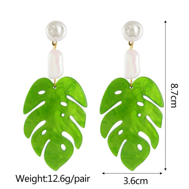 Boho acrylic leaf faux pearl dangle earrings