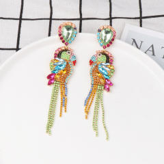 Luxury rhinestone pave setting tassel parrot long earrings