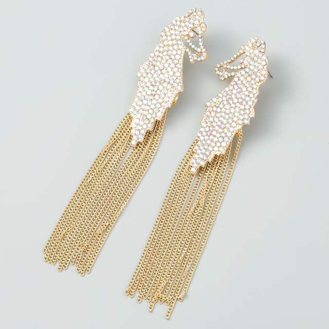 Rhinestone zebra chain tassel earrings