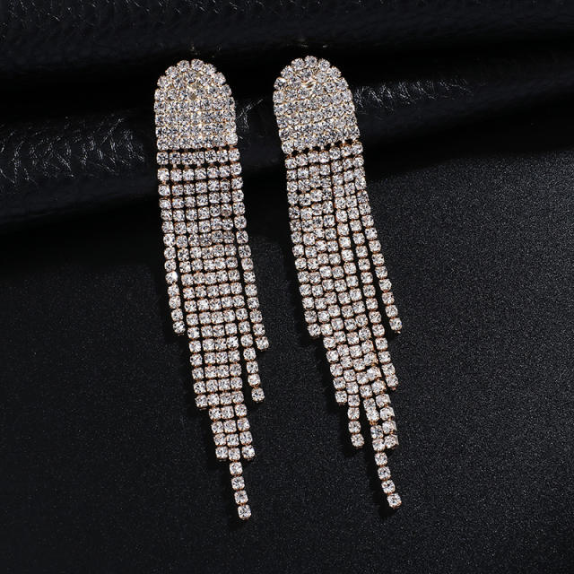 Delicate pave setting rhinestone long tassel earrings