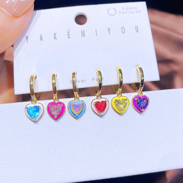 6pcs set real gold plated heart huggie earrings set