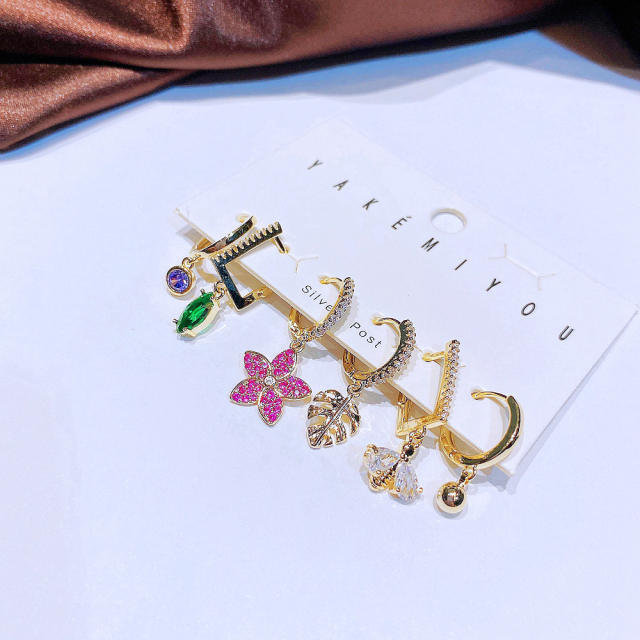 6pcs pave setting cubic zircon leaf flower huggie earrings set