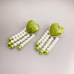 Enamel heart pearl beads tassel earrings