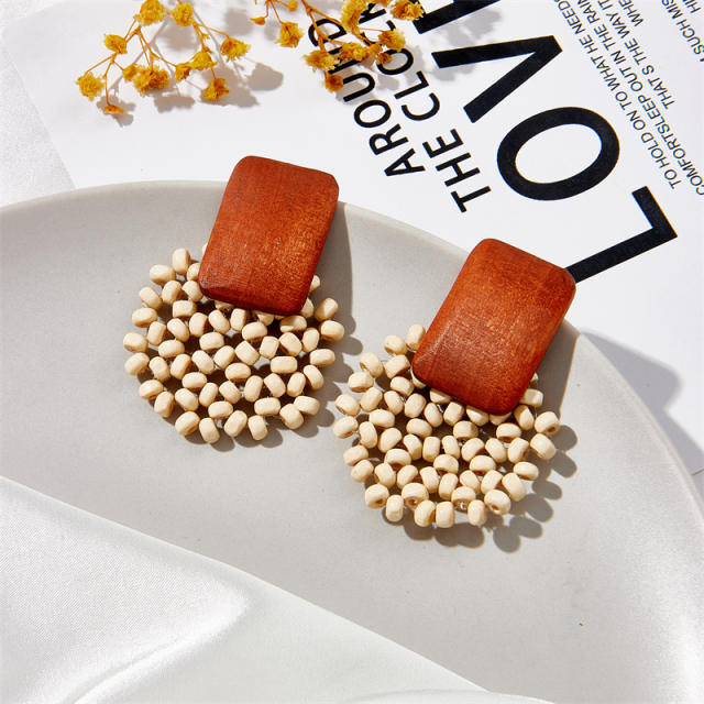 Geometric wood beaded vintage earrings