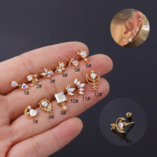 AB color cubic zircon stainless steel needle helix ear studs