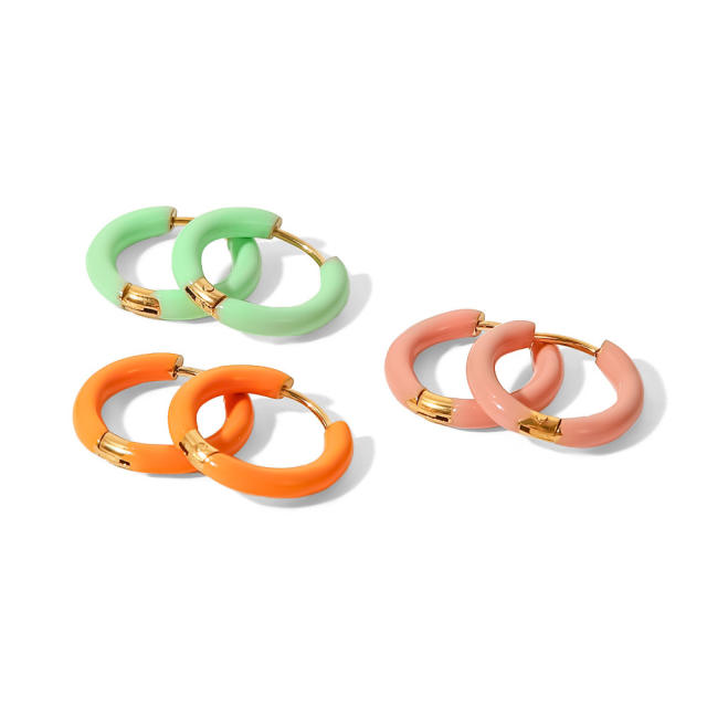 Color enamel small hoop stainless steel huggie earrings