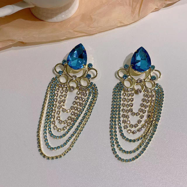 Luxury blue glass crstal tassel dangle earrings