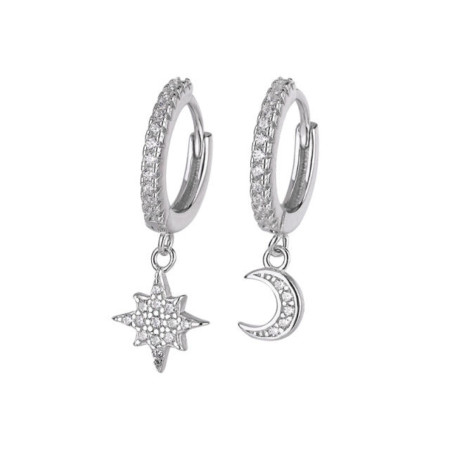 S925 silver moon star asymmetric huggie earrings