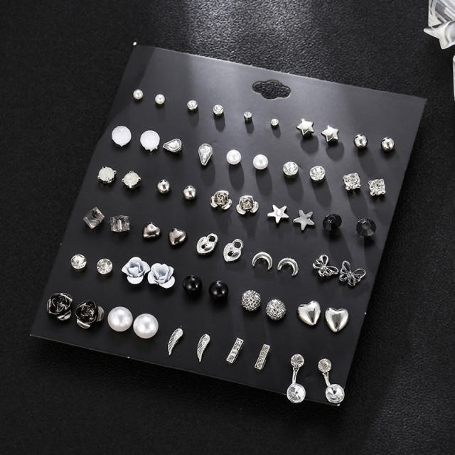 pearl and flower multi element ear studs set