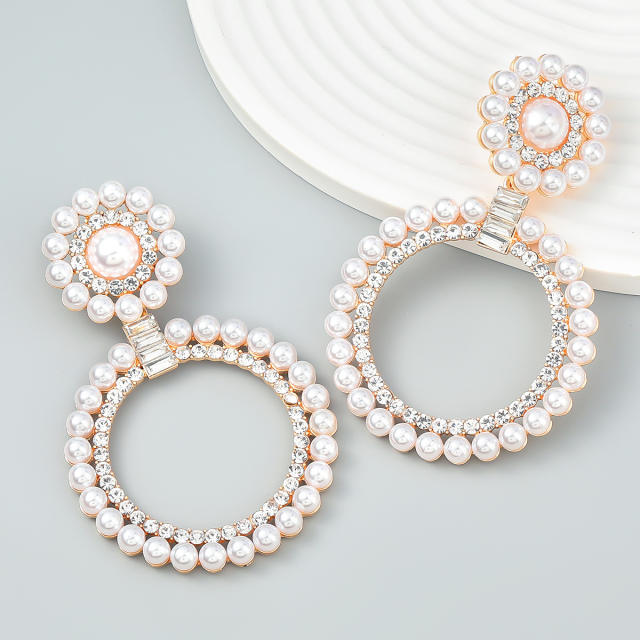 Faux pearl geometric ring dangle earrings