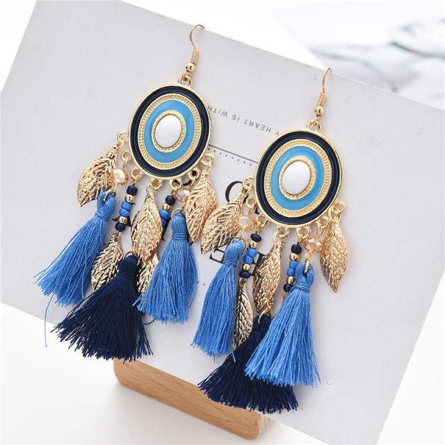 Boho gold color leaf color rope tassel long earrings