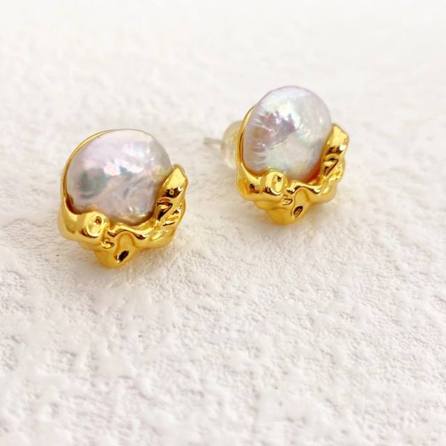 Baroque pearl 925 sterling silver needle ear studs