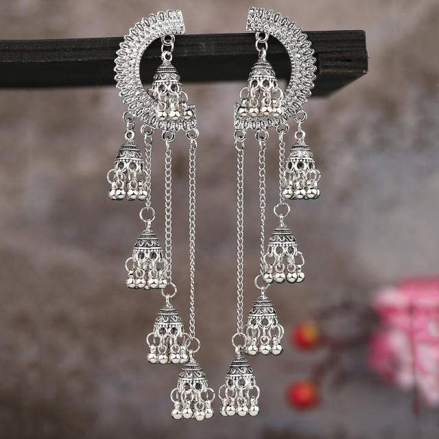 Creative hollow bell long tassel jhumka earrings