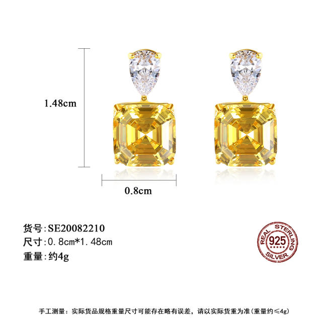 S925 sterling silver luxury Topaz square earrings